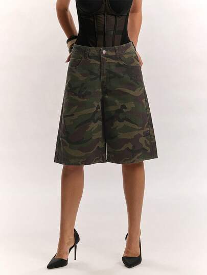 SHEIN BAE Women's Camouflage Casual Daily Travel Denim Jeans With Pocket And Button