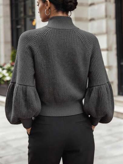 Women's Autumn Zipper Cardigan - Casual Fashion Short Jacket, Lantern Sleeve & Small Stand Collar Design, Medium Elasticity, H-Shaped Silhouette, Suitable For Autumn/Winter Season, Ribbed Details, Cardigan Style, Essential Autumn/Winter Jacket - image 2