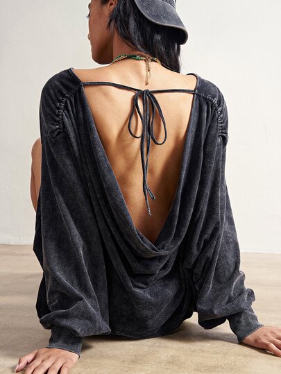 Bohemela Tie Backless Lantern Sleeve Sweatshirt Night Out Dark Grey Autumn Casual Night Out