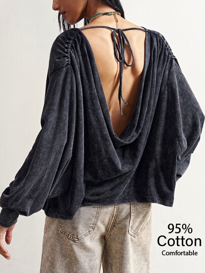 Bohemela Tie Backless Lantern Sleeve Sweatshirt Night Out Dark Grey Autumn Casual Night Out - image 2