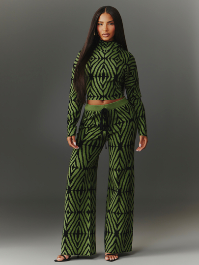 NYA SZN Knit Pant Tie Waist Wide Leg Graphic Abstract Mod Print Elegant Casual Party Fairy Club Concert Loungewear Business Festival Cute Green Fall Winter