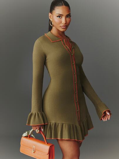 NYA SZN Dress Mini Long Sleeve Ruffle Button Up Satin Color Block Brunch Elegant Casual Party Fairy Club Concert Church Business Festival Green Fall Winter