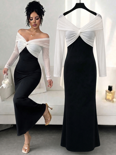 SHEIN Raffinéa Elegant Sexy Off-Shoulder Long Sleeve Fitted Bodycon Dress For Women