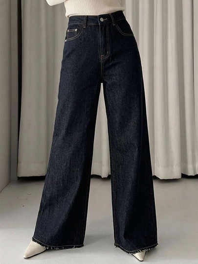 DAZY Women's Solid Color Button Pocket Raw Hem Wide Leg Jeans
