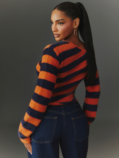 NYA SZN Knit Top Sweater Off Shoulder Striped Long Sleeve Cropped Streetwear Casual Everyday Party Concert Festival Navy Orange Chic Cute Fall Winter - image 2