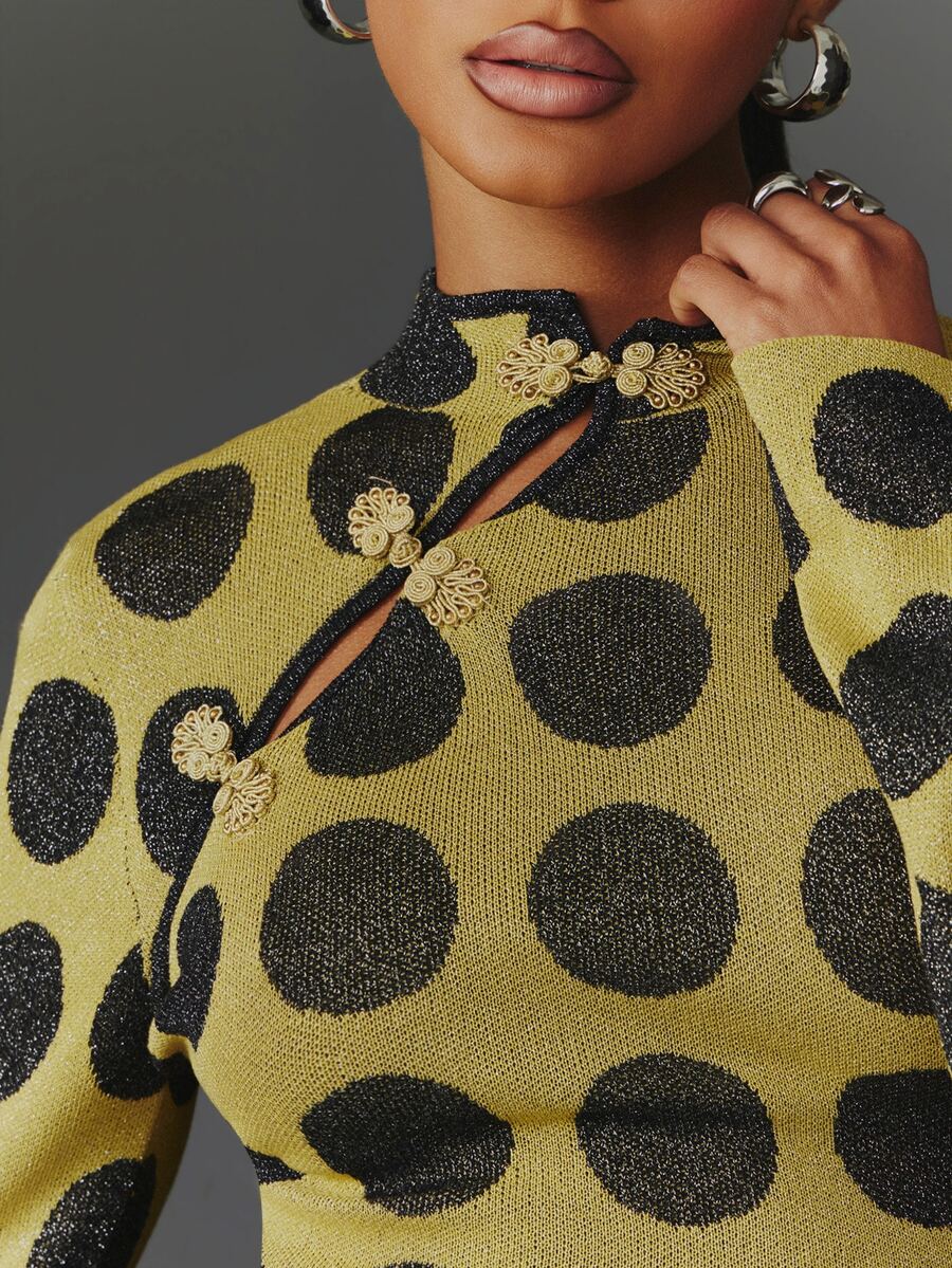 NYA SZN Knit Top Long Sleeve Fitted Mock Neck Cutout Frog Closure Polka Dot Club Everyday Casual  Concert Loungewear Cute Chic Festival Green Fall Winter - image 2