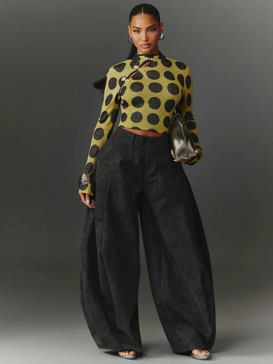 NYA SZN Knit Top Long Sleeve Fitted Mock Neck Cutout Frog Closure Polka Dot Club Everyday Casual  Concert Loungewear Cute Chic Festival Green Fall Winter - image 3