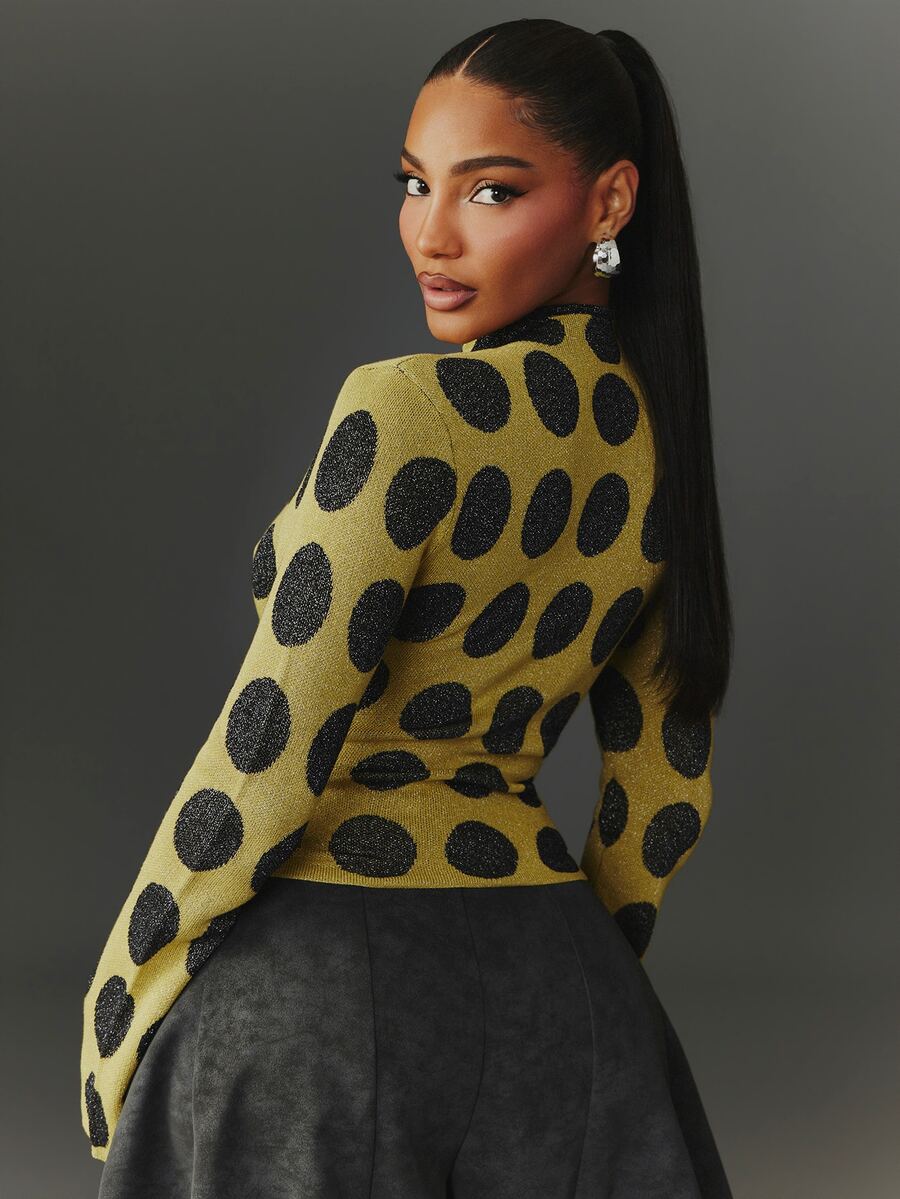 NYA SZN Knit Top Long Sleeve Fitted Mock Neck Cutout Frog Closure Polka Dot Club Everyday Casual  Concert Loungewear Cute Chic Festival Green Fall Winter - image 6
