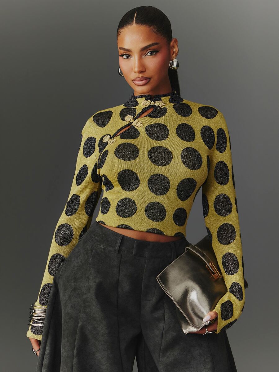 NYA SZN Knit Top Long Sleeve Fitted Mock Neck Cutout Frog Closure Polka Dot Club Everyday Casual  Concert Loungewear Cute Chic Festival Green Fall Winter - image 4
