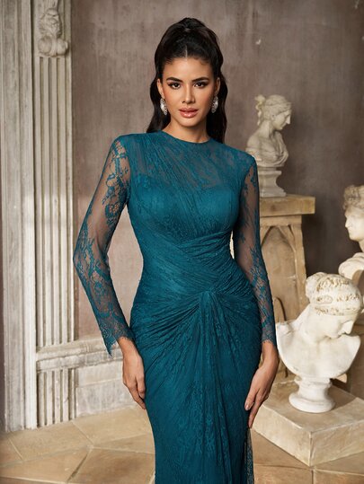 Aureia Elegant Romantic Fashionable Graceful Green Lace Fabric Long Sleeve Pleated Decor Cup Mermaid Hem Elegant Party Dress Wedding Guest Dress Bachelorette Party Dress Formal Evening Gown