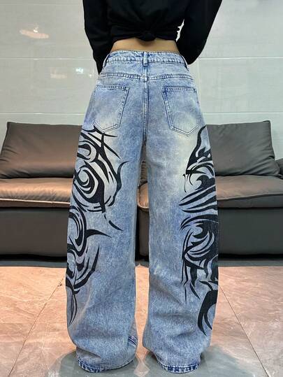1pc Hong Kong Street Retro Nostalgic Fashion Print Women's Blue Denim Wide Leg Jeans Loose Comfortable High Street All-Season Versatile Denim Pants (Belt/Accessories Not Included) - image 2