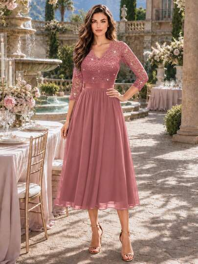 MIUSOL Elegant V-Neck Sequin Floral Lace Ruched Chiffon 3/4 Sleeve Ball Gown, A-Line Midi Dress, Suitable For Wedding Guest, Dinner