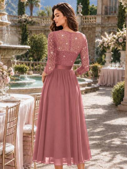 MIUSOL Elegant V-Neck Sequin Floral Lace Ruched Chiffon 3/4 Sleeve Ball Gown, A-Line Midi Dress, Suitable For Wedding Guest, Dinner - image 2