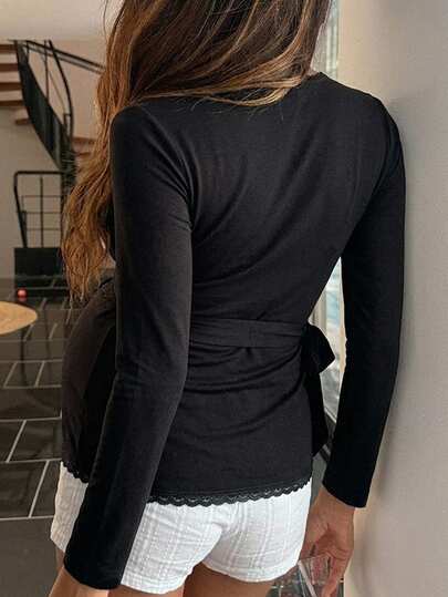 Dazy Maternity Contrast Lace Trim Fitted Asymmetric Tie-Up Long Sleeve Elastic Casual Daily Korean Style Versatile Spring Autumn Maternity T-Shirt - image 2