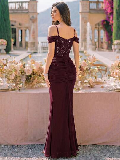 MIUSOL Sequin Floral Lace Cold Shoulder Contrast Mesh Waist-Cinching Pleated Mermaid Hem Formal Long Dress, Suitable For Prom, Evening Party, Date, Homecoming, Wedding Guest, Dinner - image 2