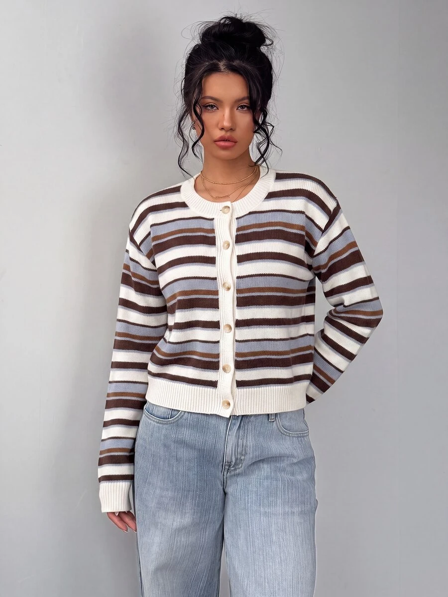 SHEIN BASICS Women's Casual Knit Cardigan, Striped Knit Sweater, Women's Autumn/Winter Clothing, Women's Back To School Outfit - image 6