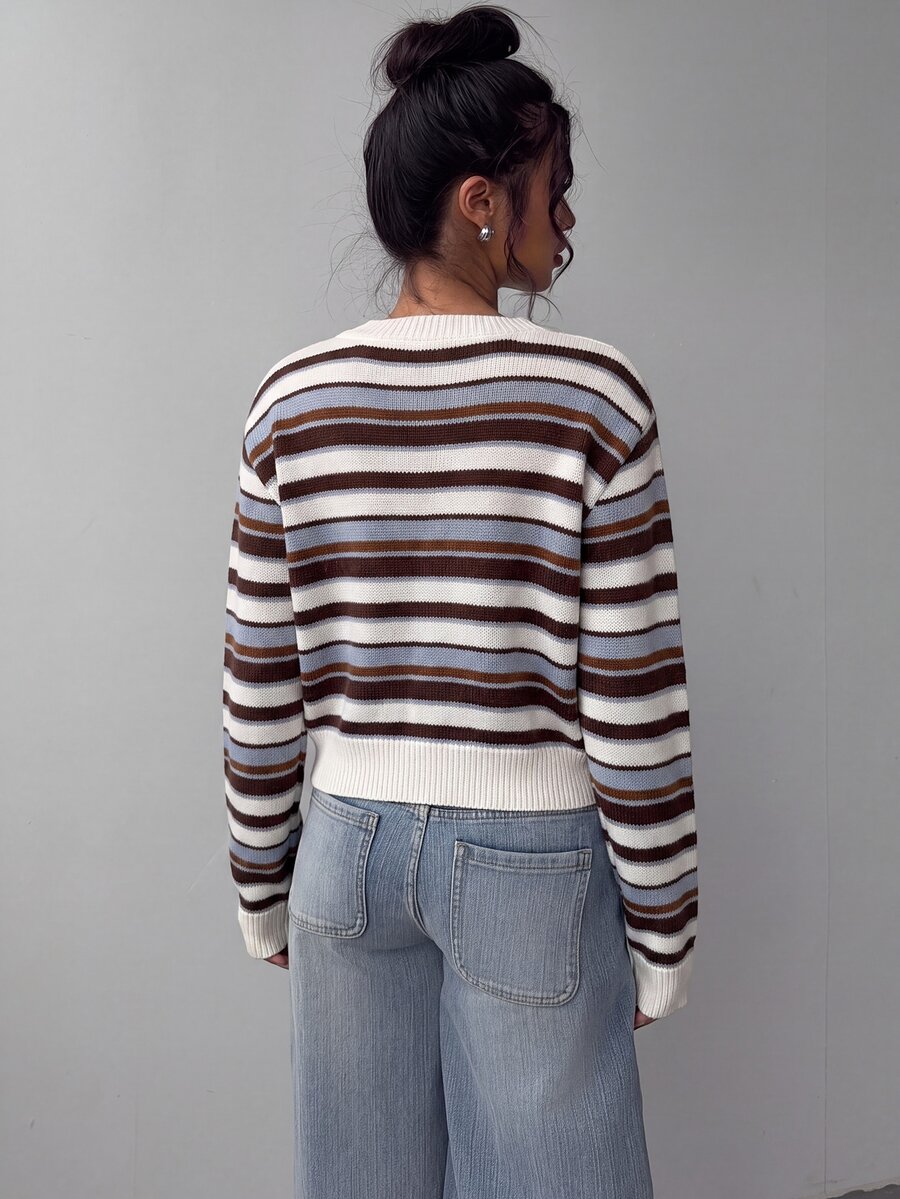 SHEIN BASICS Women's Casual Knit Cardigan, Striped Knit Sweater, Women's Autumn/Winter Clothing, Women's Back To School Outfit - image 2