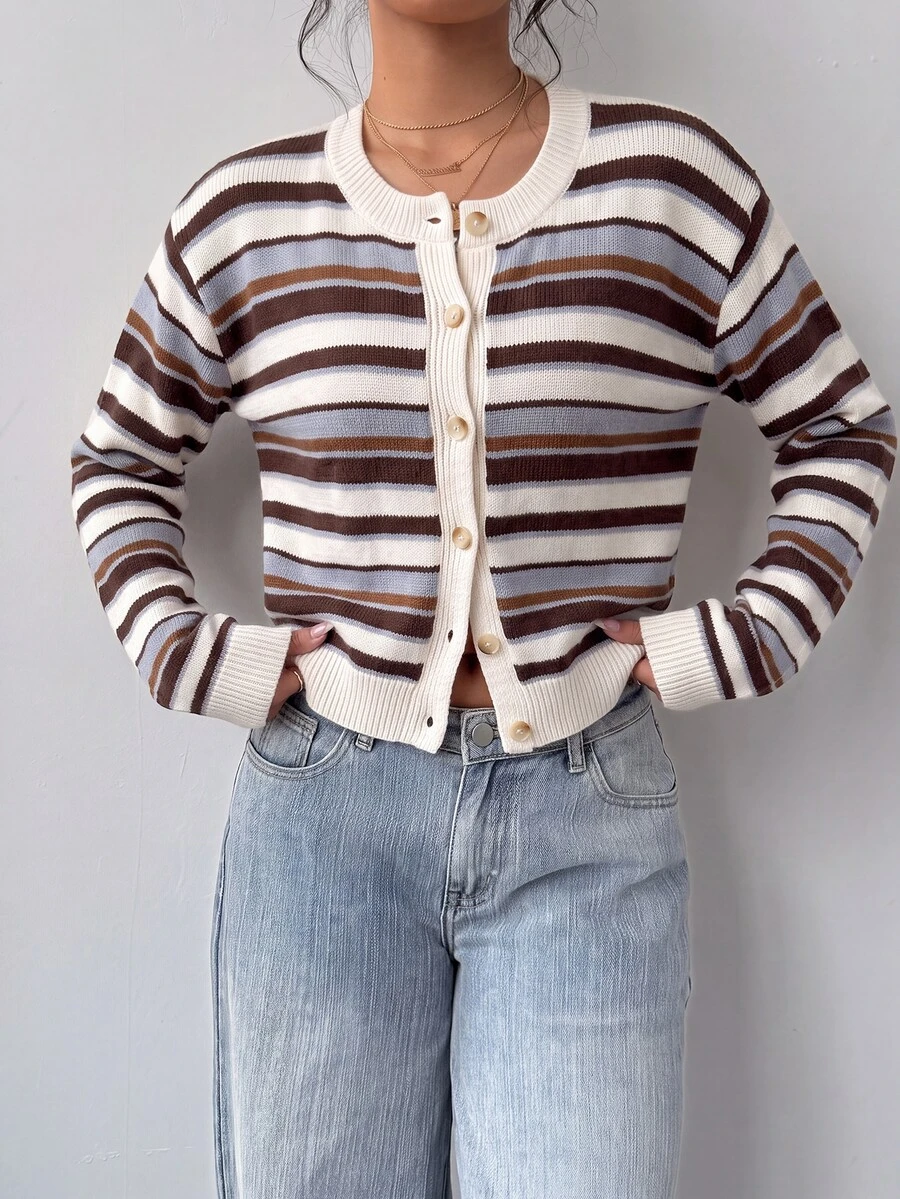 SHEIN BASICS Women's Casual Knit Cardigan, Striped Knit Sweater, Women's Autumn/Winter Clothing, Women's Back To School Outfit - image 5