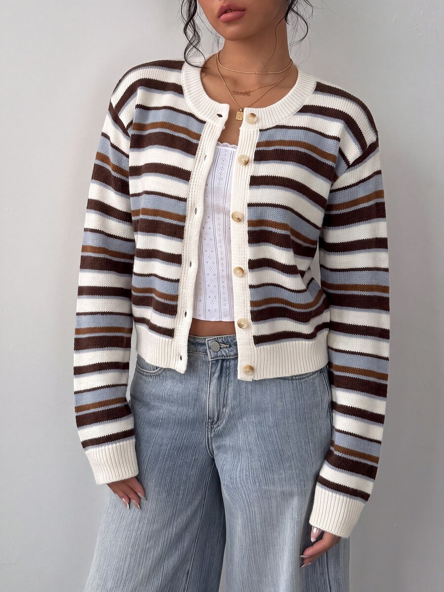 SHEIN BASICS Women's Casual Knit Cardigan, Striped Knit Sweater, Women's Autumn/Winter Clothing, Women's Back To School Outfit