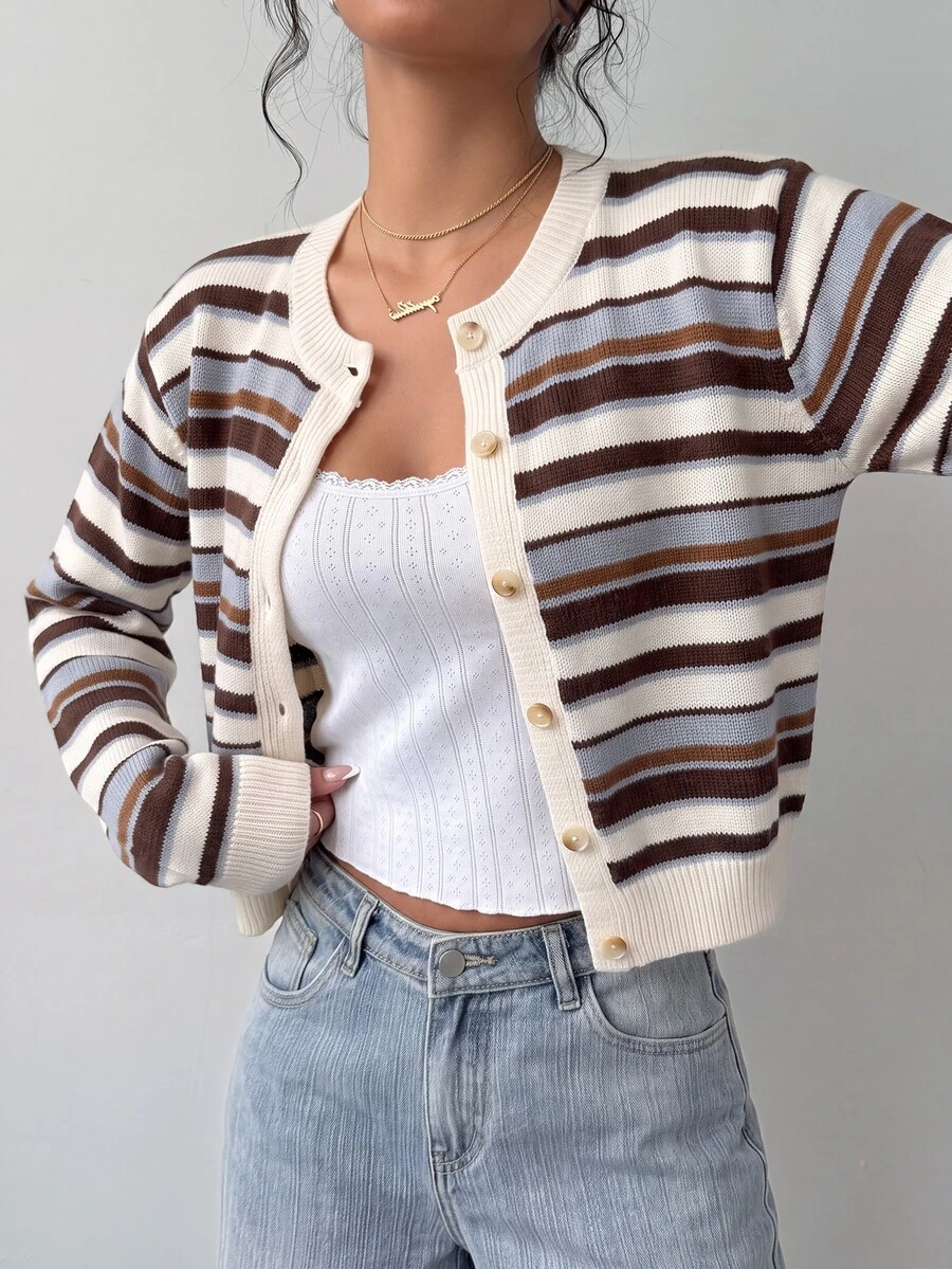 SHEIN BASICS Women's Casual Knit Cardigan, Striped Knit Sweater, Women's Autumn/Winter Clothing, Women's Back To School Outfit - image 3