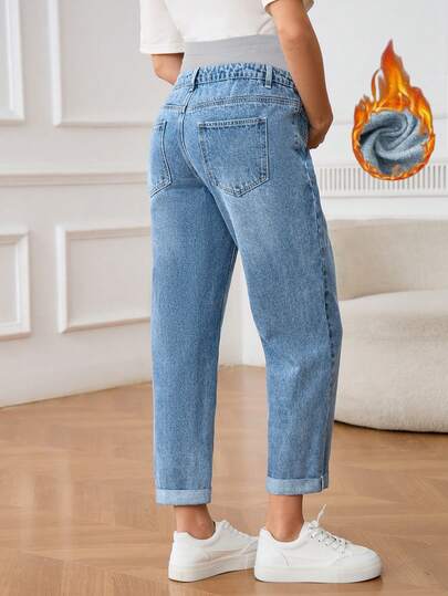 SHEIN Adjustable Waist Straight Leg Casual Elegant Versatile Denim Jeans For Pregnant Women Formal Going Out Blue Winter - image 2