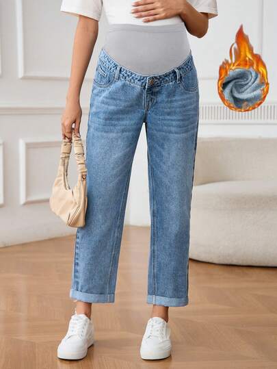 SHEIN Adjustable Waist Straight Leg Casual Elegant Versatile Denim Jeans For Pregnant Women Formal Going Out Blue Winter