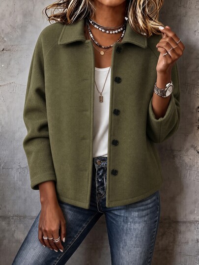 Holdful Holdful Women's Solid Color Raglan Long Sleeve Single-Breasted Casual Overcoat, Autumn/Winter Office Everyday Going Out Work Olive Green