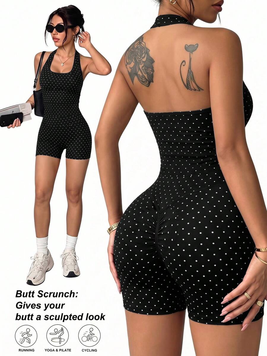 2pcs Women's Halter Tank Top + High Waist Tummy Control Shaping Shorts Set, Peach Butt Lift, Waist Cincher, Sexy Backless, Fashion Polka Dot, Suitable For Yoga, Gym, Running, Workout, Fashion Outfit, Casual, Commuting - image 2