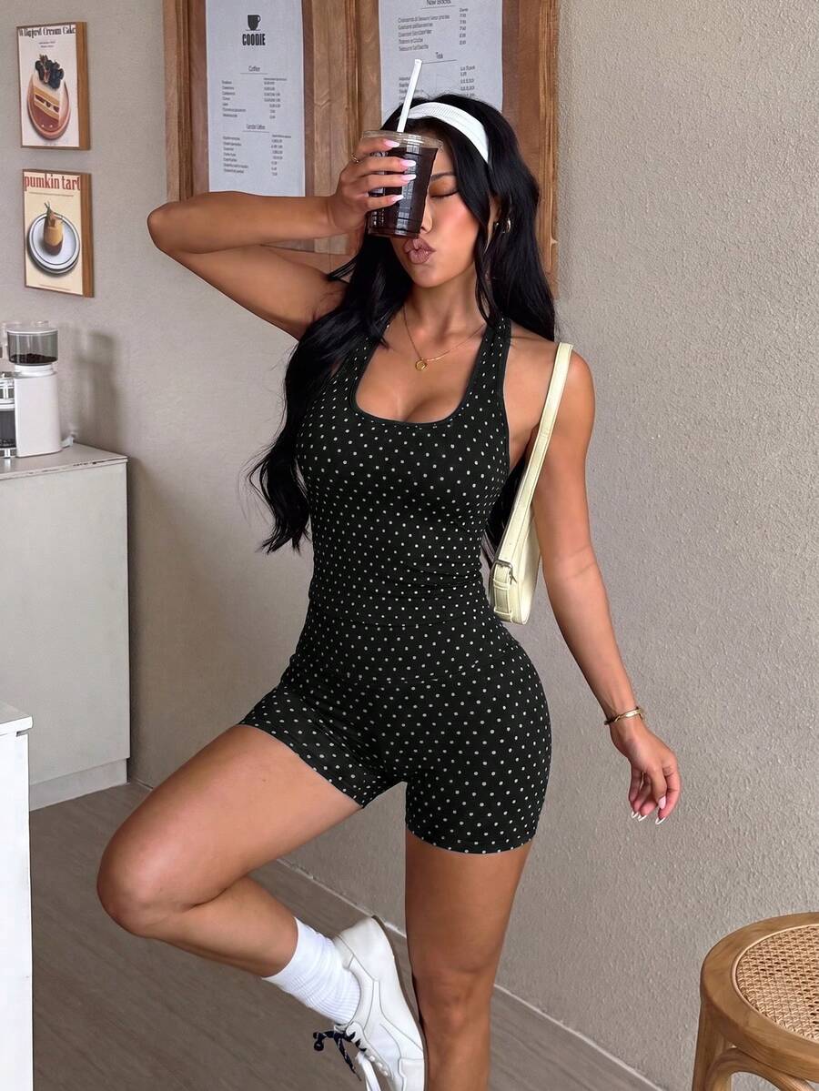 2pcs Women's Halter Tank Top + High Waist Tummy Control Shaping Shorts Set, Peach Butt Lift, Waist Cincher, Sexy Backless, Fashion Polka Dot, Suitable For Yoga, Gym, Running, Workout, Fashion Outfit, Casual, Commuting - image 7