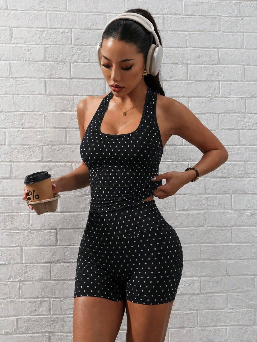 2pcs Women's Halter Tank Top + High Waist Tummy Control Shaping Shorts Set, Peach Butt Lift, Waist Cincher, Sexy Backless, Fashion Polka Dot, Suitable For Yoga, Gym, Running, Workout, Fashion Outfit, Casual, Commuting - image 9