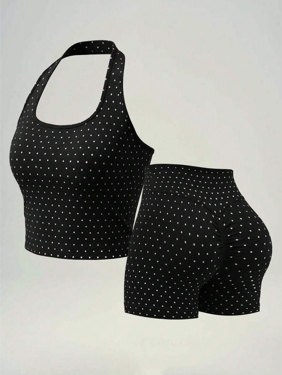 2pcs Women's Halter Tank Top + High Waist Tummy Control Shaping Shorts Set, Peach Butt Lift, Waist Cincher, Sexy Backless, Fashion Polka Dot, Suitable For Yoga, Gym, Running, Workout, Fashion Outfit, Casual, Commuting