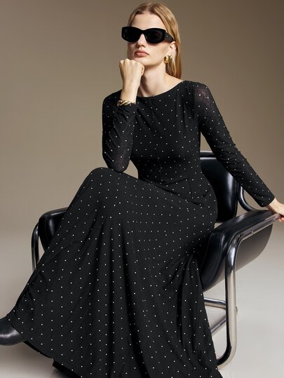 Ontre Women's Black And White Polka Dot Knit Dress, Modern Urban Fashion, Business Casual Office Wear, Low-Key Old Money Style, Elegant Sophisticated Commuter Outfit, High-Quality Comfortable Versatile Long Dress For Airport Wear - image 2