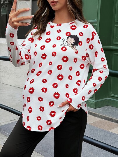 Lyckli Betty Boop x SHEIN Maternity Autumn Casual Red Lips Cartoon Print T-Shirt,Casual Fall Tops,Y2k Style, Basic Blouses,Cute Tops,White Tops