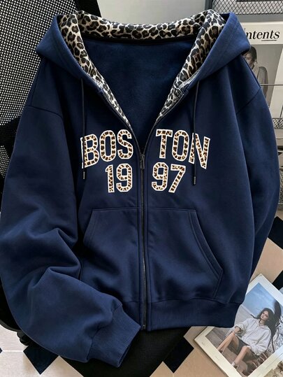 Resyla Women's Outerwear Top, Autumn/Winter New Style, Fashionable Versatile, Outdoor Holiday Outfit, Navy Blue, Leopard Print, Letter Print, Women's Double Layer Hooded Sweatshirt