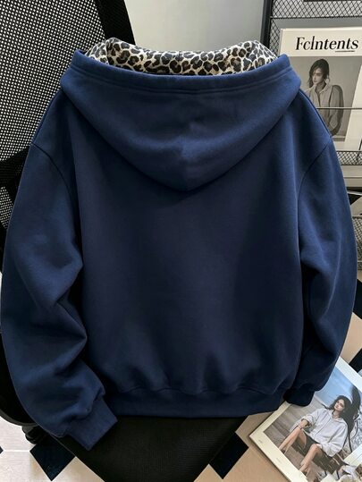 Resyla Women's Outerwear Top, Autumn/Winter New Style, Fashionable Versatile, Outdoor Holiday Outfit, Navy Blue, Leopard Print, Letter Print, Women's Double Layer Hooded Sweatshirt - image 2