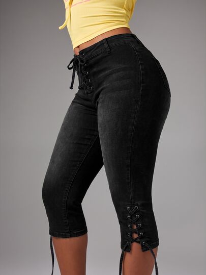 BABYPHAT Lace-Up Capri Jeans With Side And Hem Eyelet Detail Stretch Denim Cropped Pants Spring Summer Festival Casual Everyday Style