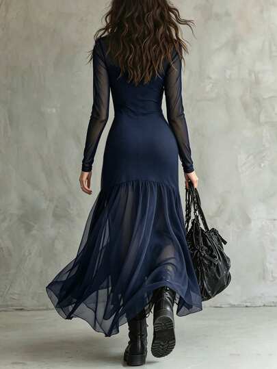 SHEIN Women's Spring/Summer Outfit, Elegant Dress, Holiday Outfit, Casual Dress, Outing Dress, Mesh Dress, Long Sleeve Dress, Graduation, Commute Outfit, Party Dress, Black Dress, Long Dress, Office Outfit - image 2