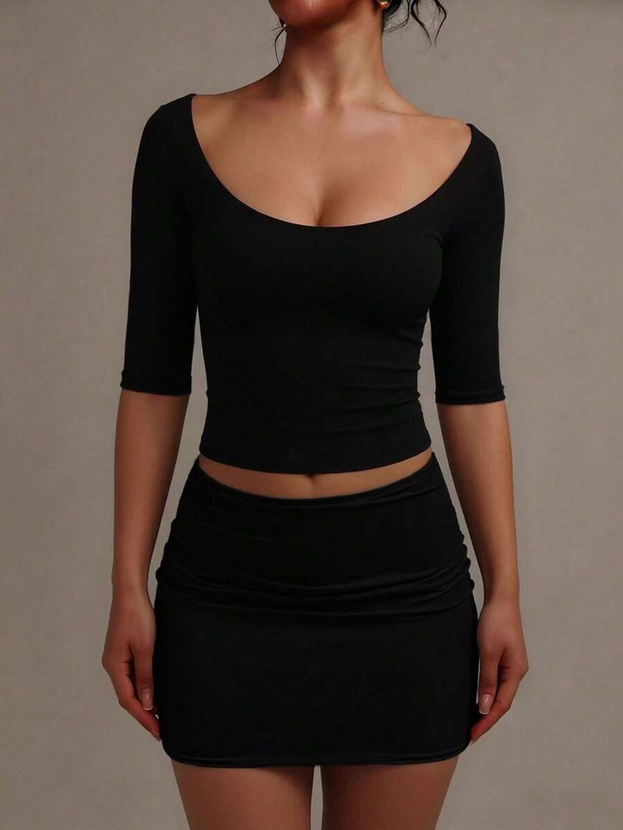 GLAMSKIN Women's Fall Black Wide Square Neck Elbow Sleeve Crop Top,Slim Fitted Stretchy Basic Tee,Glam Fall Outfits Hoco Casual Streetwear Top - image 6