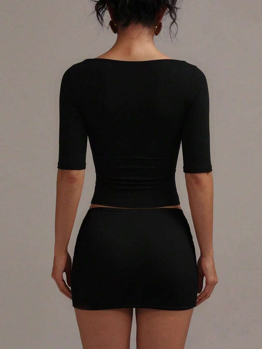 GLAMSKIN Women's Fall Black Wide Square Neck Elbow Sleeve Crop Top,Slim Fitted Stretchy Basic Tee,Glam Fall Outfits Hoco Casual Streetwear Top - image 2