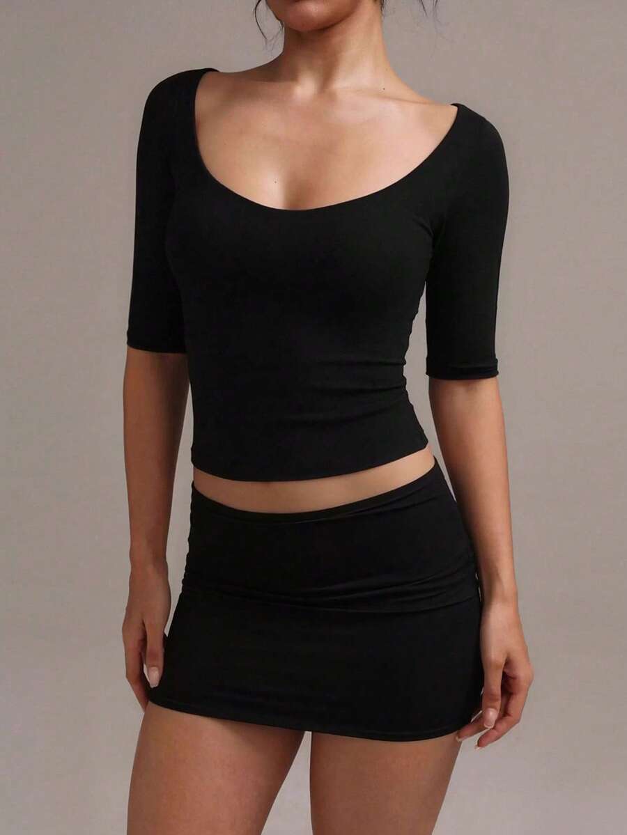 GLAMSKIN Women's Fall Black Wide Square Neck Elbow Sleeve Crop Top,Slim Fitted Stretchy Basic Tee,Glam Fall Outfits Hoco Casual Streetwear Top - image 4