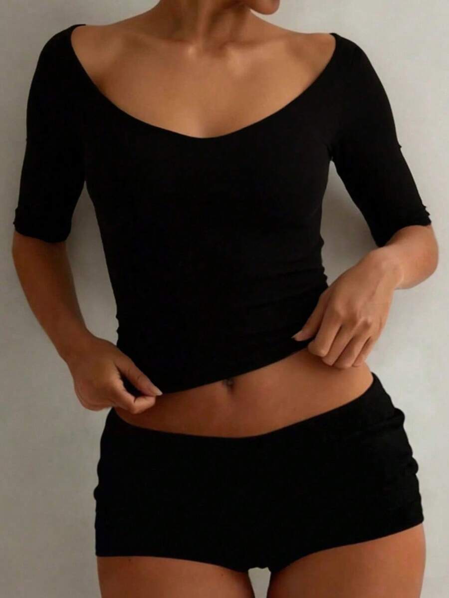 GLAMSKIN Women's Fall Black Wide Square Neck Elbow Sleeve Crop Top,Slim Fitted Stretchy Basic Tee,Glam Fall Outfits Hoco Casual Streetwear Top - image 3