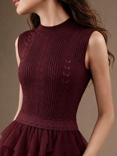 Anewsta Women's New Sleeveless Knit Crochet Patchwork Multi-Layer Ruffle Hem Romantic Elegant Long Dress - image 2