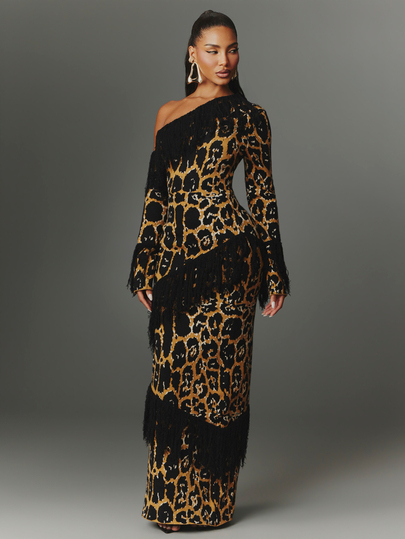 NYA SZN Knit Dress Long Sleeve Fringe Sexy Animal Cheetah Print Hooded Elegant Casual Party Halloween Costume Concert Loungewear Festival Blue Fall Winter