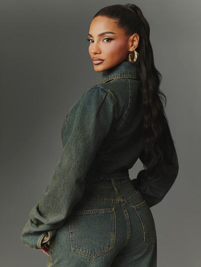 NYA SZN Denim Jacket Button Front Napoleon Tinted Long Sleeve Collared Streetwear Casual Everyday Party Concert Festival Dark Wash Chic Cute Fall Winter - image 2
