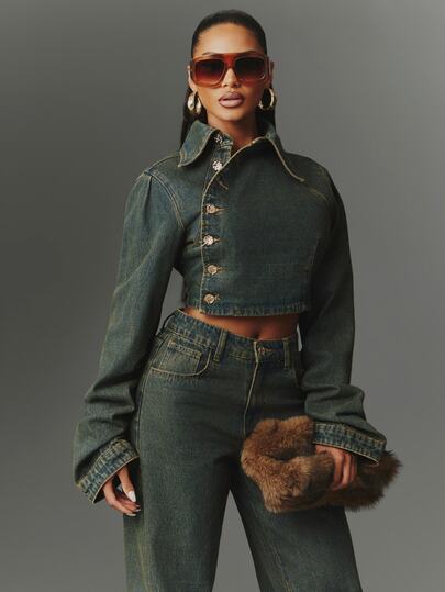 NYA SZN Denim Jacket Button Front Napoleon Tinted Long Sleeve Collared Streetwear Casual Everyday Party Concert Festival Dark Wash Chic Cute Fall Winter