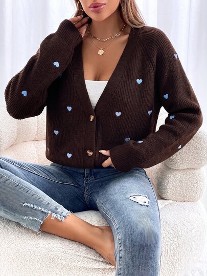 SHEIN Frenchy Cardigan With Heart Embroidery,Long Sleeve Tops,Knitted Sweater In Fall/Winter
