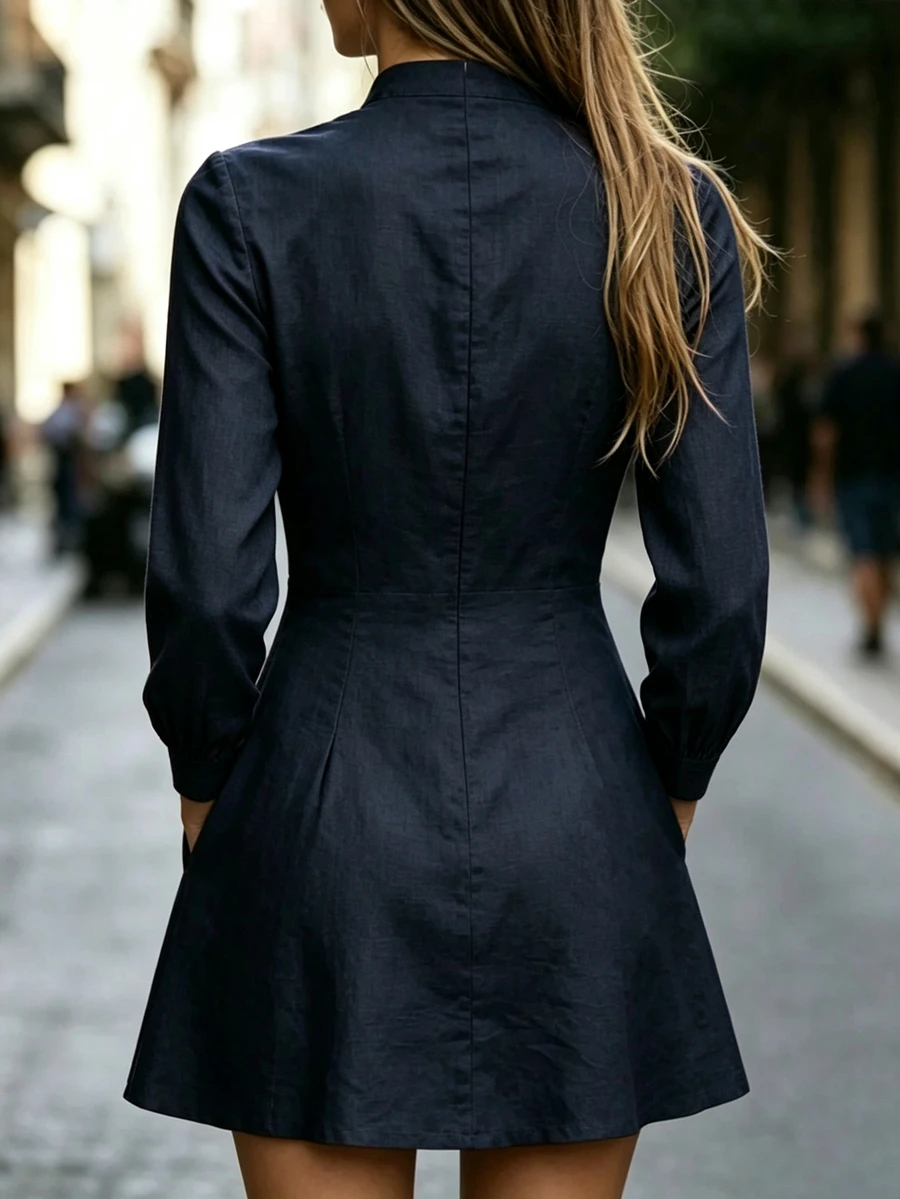Breezaya Women's Elegant Retro Solid Color Waist-Cinching Commuter Brunch Dress, Spring Navy Blue - image 2