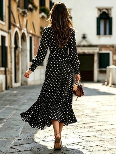 Balvessa French Vintage Coffee Brown Polka Dot Tea Break Dress, V-Neck Waist-Cinching Chiffon Long Sleeve Dress - image 2