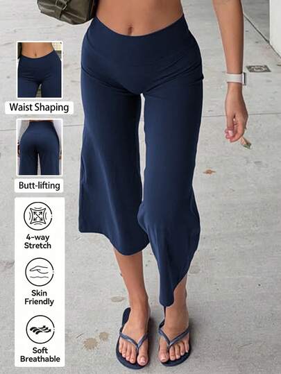 NOIRLYN Fall Winter Women's High Waist Wide Leg Capri Yoga Pants Butt Lifting Slimming Draped Casual Straight Leg Cropped Trousers For Gym Running