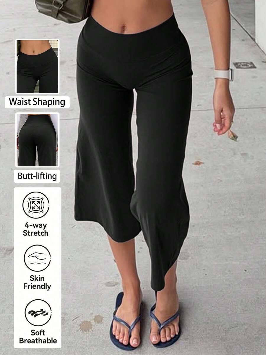 NOIRLYN Fall Winter Women's High Waist Wide Leg Capri Yoga Pants Butt Lifting Slimming Draped Casual Straight Leg Cropped Trousers For Gym Running